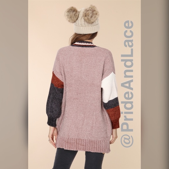 LAST 1️⃣ DUSTY PINK MULTI STRIPED CHENILLE KNIT CARDIGAN - Picture 2 of 4